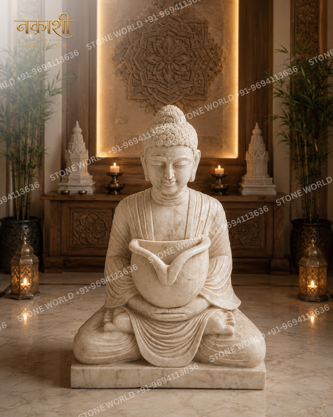 3 Meditating Buddha Marble Statue with Bowl - Image 1
