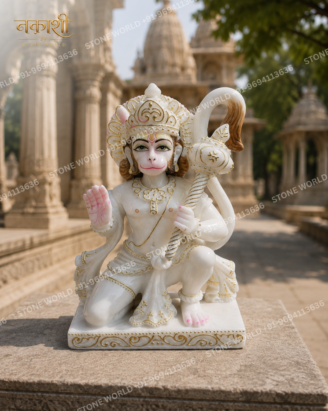 4 Lord Hanuman Marble Statue Kneeling - Image 1