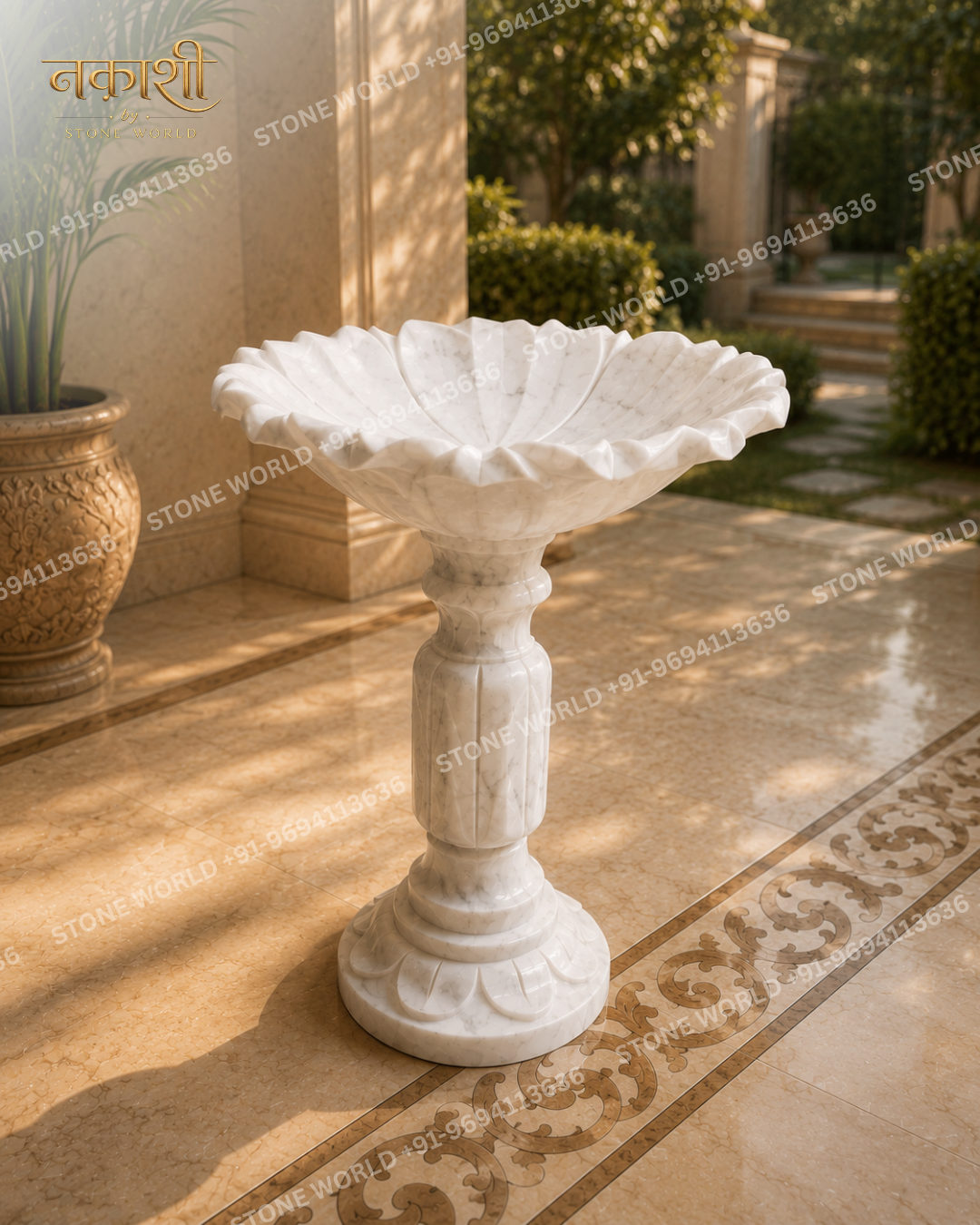 5 White Marble Lotus Pedestal Bowl / Birdbath - Image 1