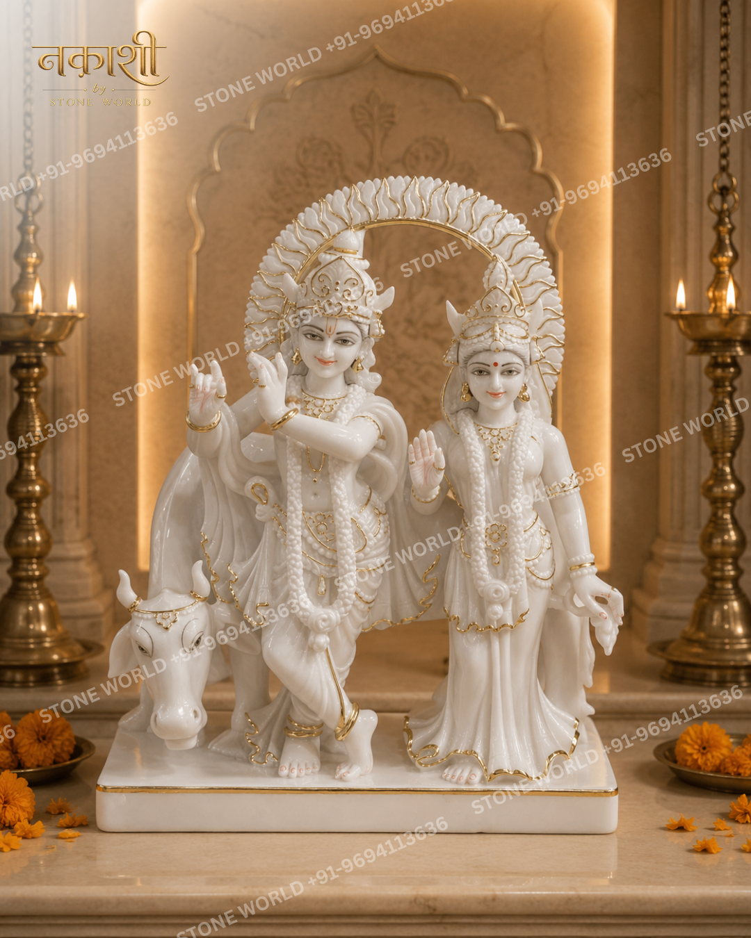 7 Radha Krishna Marble Statue with Cow - Image 1