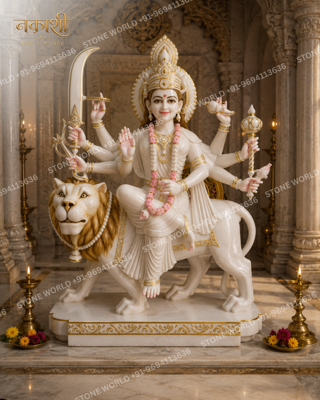 8 Goddess Durga Marble Statue on Lion - Image 1