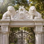 Marble Twin Lion Gate Pillar Topper with Peacocks
