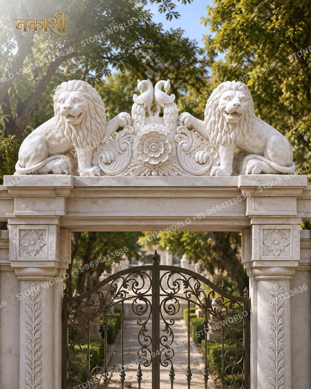 Handicraft Marble Twin Lion Gate Pillar Topper with Peacocks - Image 1